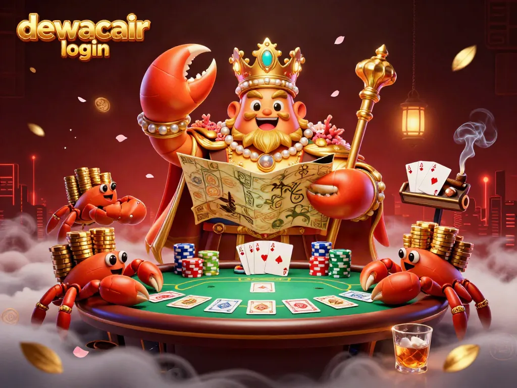 Engage with dewacair login showcasing a golden crab emperor in a vibrant casino scene.