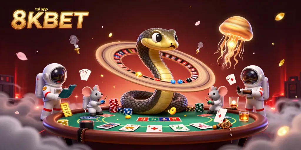 Experience exciting cosmic gaming with the 3D illustration promoting tải app 8KBET, featuring cartoon characters and poker elements.