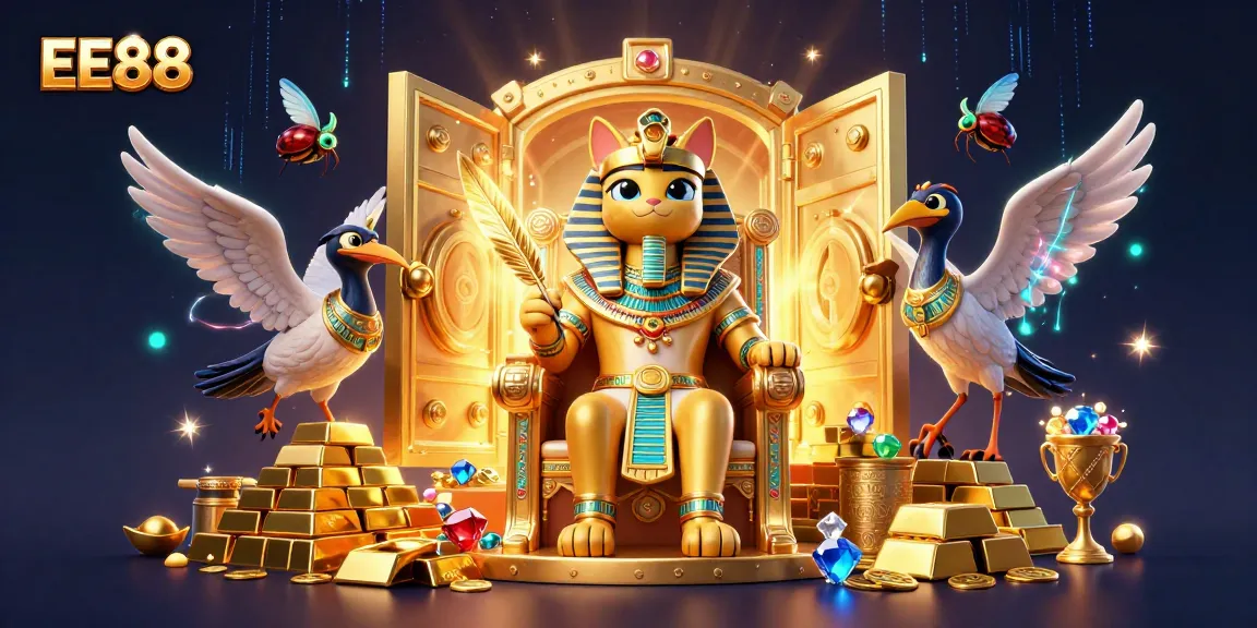 Experience exciting gaming with EE88, showcasing a pharaoh cat in an opulent casino scene filled with treasure.