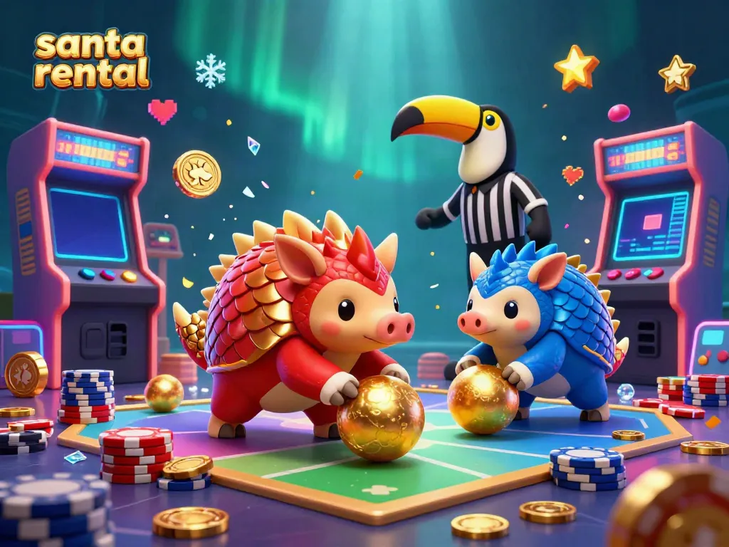 Engage in festive fun with a lively santa rental scene featuring competitive pangolins and catchy arcade elements.