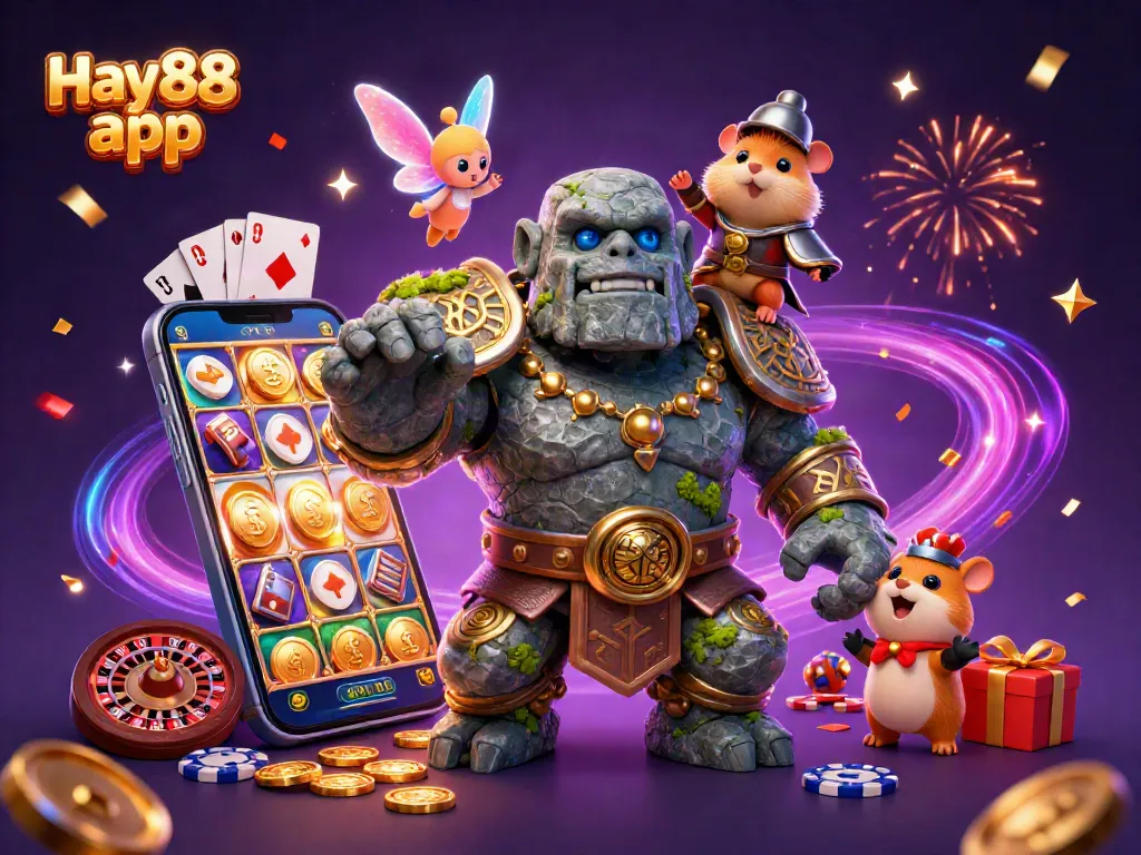 Engage with the thrilling Hay88 app, showcasing a dynamic 3D scene with magical characters and casino elements.