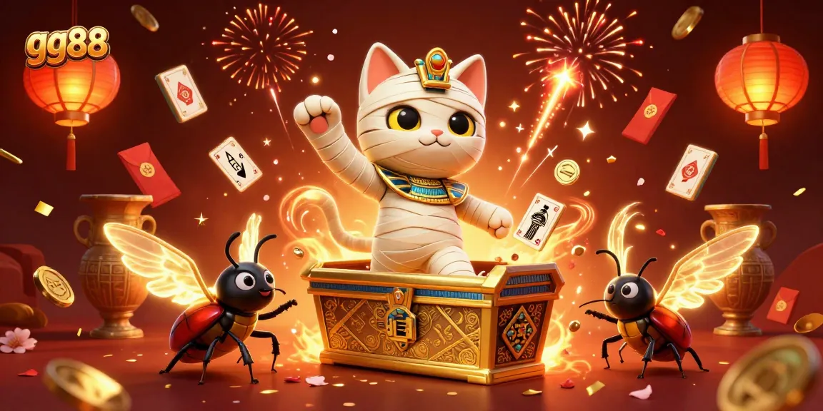 Experience the excitement of gg88 with a mummy cat emerging from a golden sarcophagus amidst vibrant casino elements.