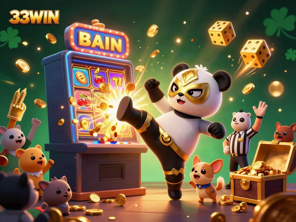 33WIN promotional illustration featuring a panda wrestler and chihuahua referee in a vibrant casino-themed scene.