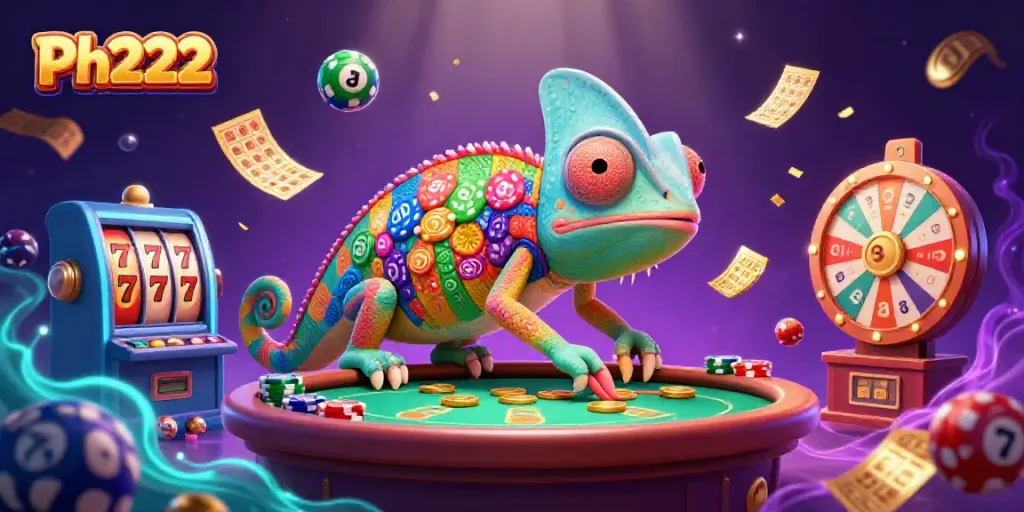 Engage in thrilling gaming at Ph222, featuring a vibrant chameleon casino owner among dynamic slots and prizes.