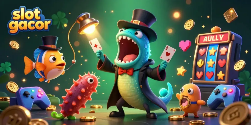 Engaging illustration of slot gacor themed characters performing tricks with vibrant slot elements.