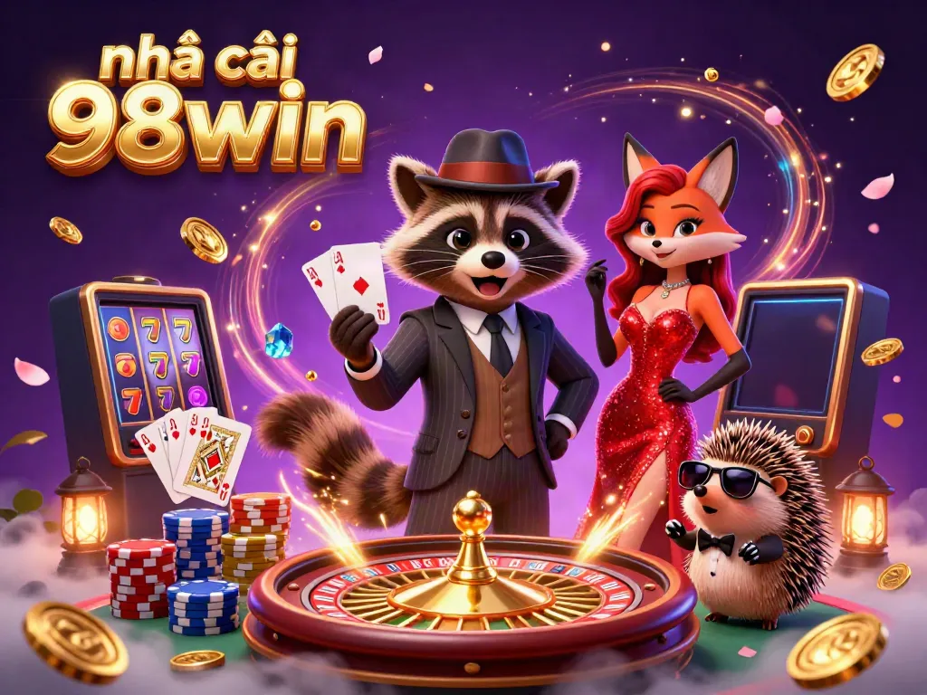 Experience thrilling gameplay at nhà cái 98win with a vibrant scene of charming casino characters and exciting game elements.