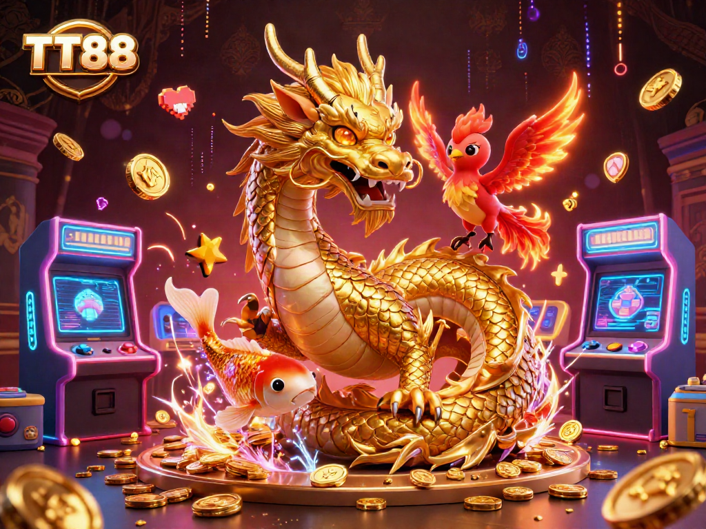 TT88 showcases an ultra-detailed scene featuring a golden dragon and colorful gaming elements.