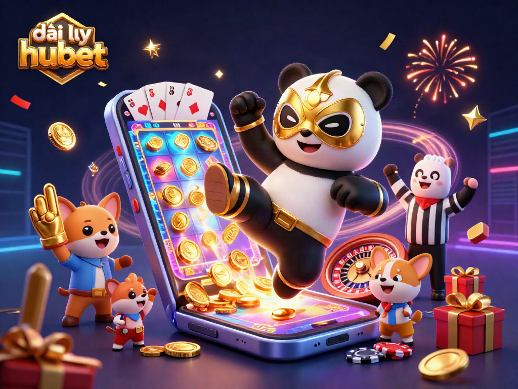 Experience thrilling gaming with đại lý hubet as a panda wrestler and excited animal fans cheer in a lively casino scene.