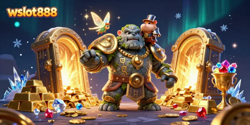Wslot888 menghadirkan golem kuno 3D hidup dengan elemen kasino yang mengesankan.