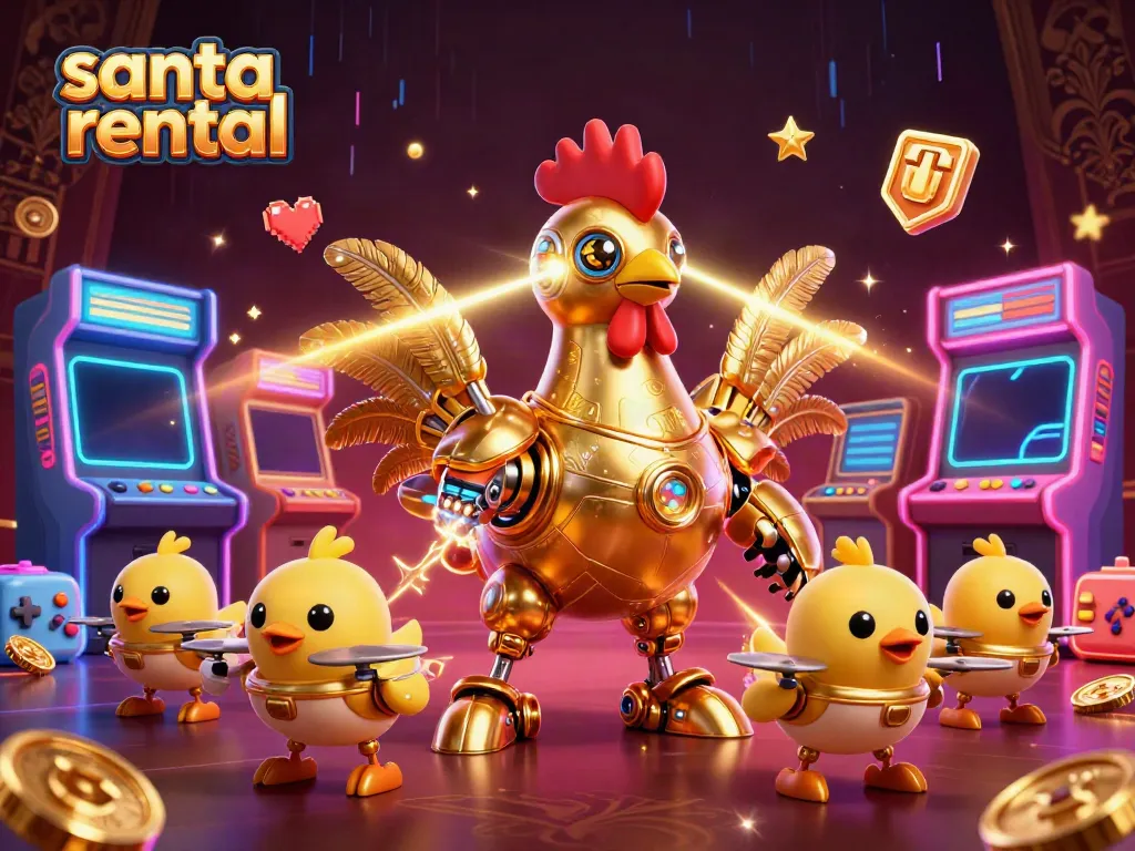 Engage in a fun festive atmosphere with a vivid 'santa rental' scene featuring a robot Santa and playful drones.