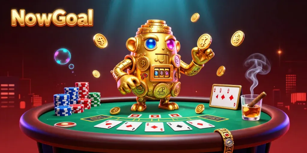 Engage with NowGoal's golden golem and vibrant poker scene showcasing real-time betting excitement.