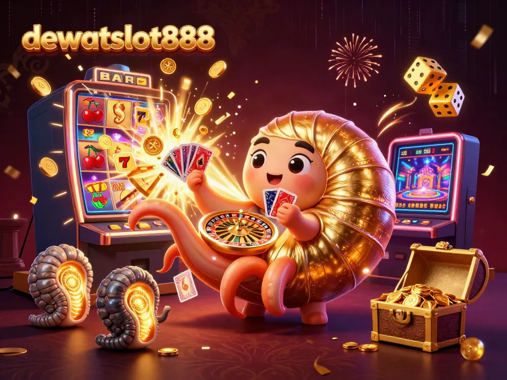 dewataslot888 menghadirkan ilustrasi tiga dimensi kasino dengan nautilus raksasa dan mesin slot yang meledak dengan koin emas.