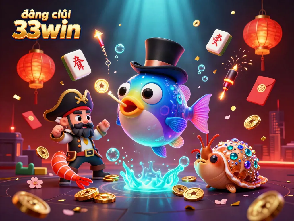 Engage in the vibrant world of đăng ký 33win, where a whimsical anglerfish attracts golden coins amidst thrilling casino elements.
