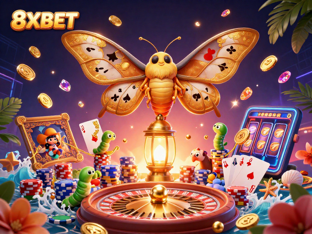 Win big at 8XBET with a vibrant casino scene featuring a golden moth, coins, and cards.