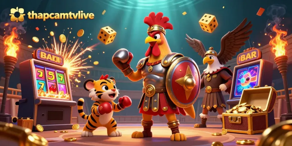 Win big with thapcamtvlive featuring a gladiator rooster, slot machine explosion and golden coins.