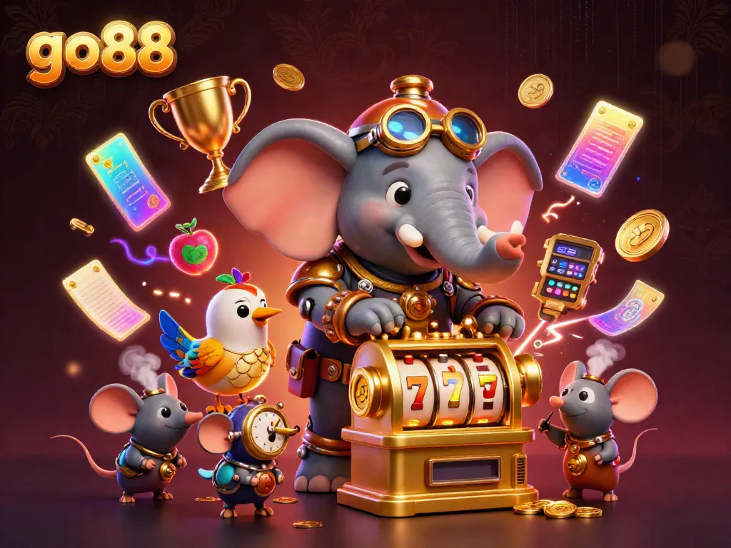 Experience the thrill of go88 with a steampunk elephant engaging in a dynamic slot machine adventure.