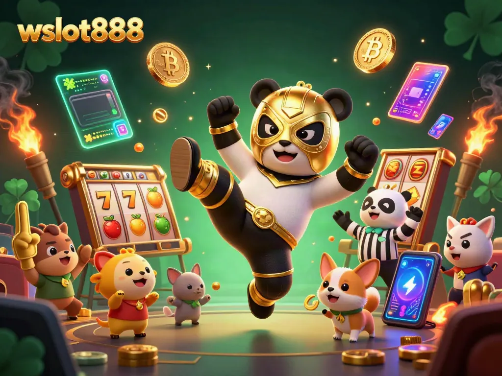 Mainkan wslot888 dengan karakter panda pegulat terbang dan banyak elemen slot menarik.