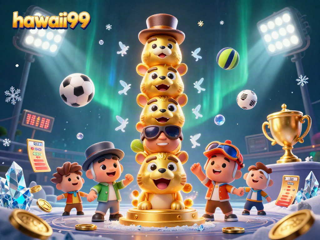 Engage with hawaii99 in this vibrant, dynamic casino-themed 3D illustration showcasing captivating characters and sports elements.