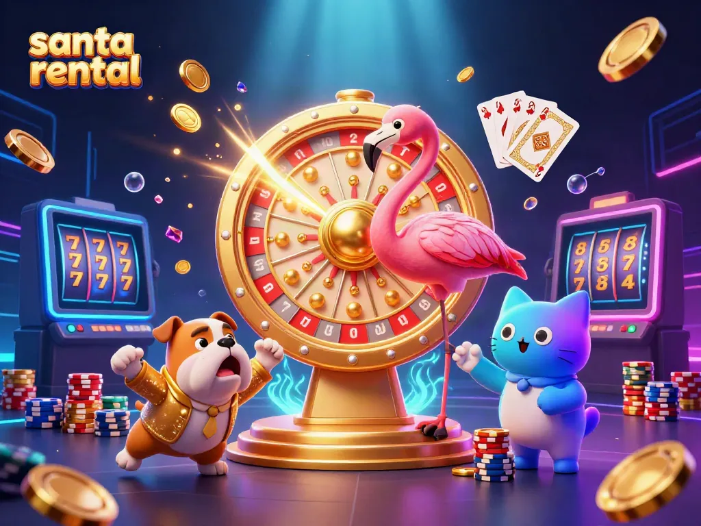 Experience the excitement of santa rental with a lively game show scene featuring casino elements.