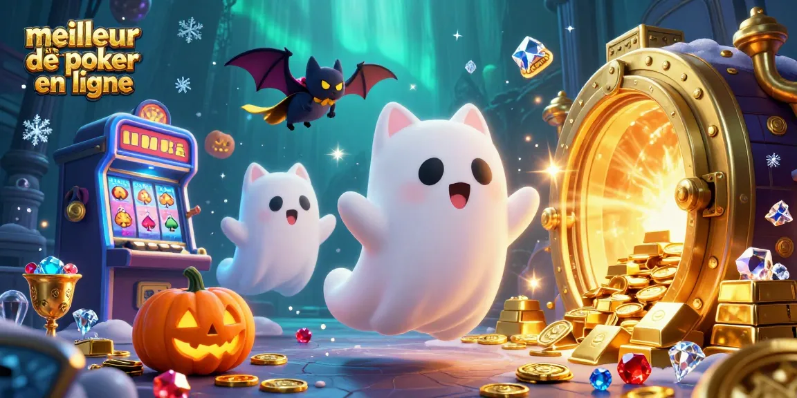 Meilleur site de poker en ligne avec des personnages animés jouant dans un casino magique, ambiance festive.