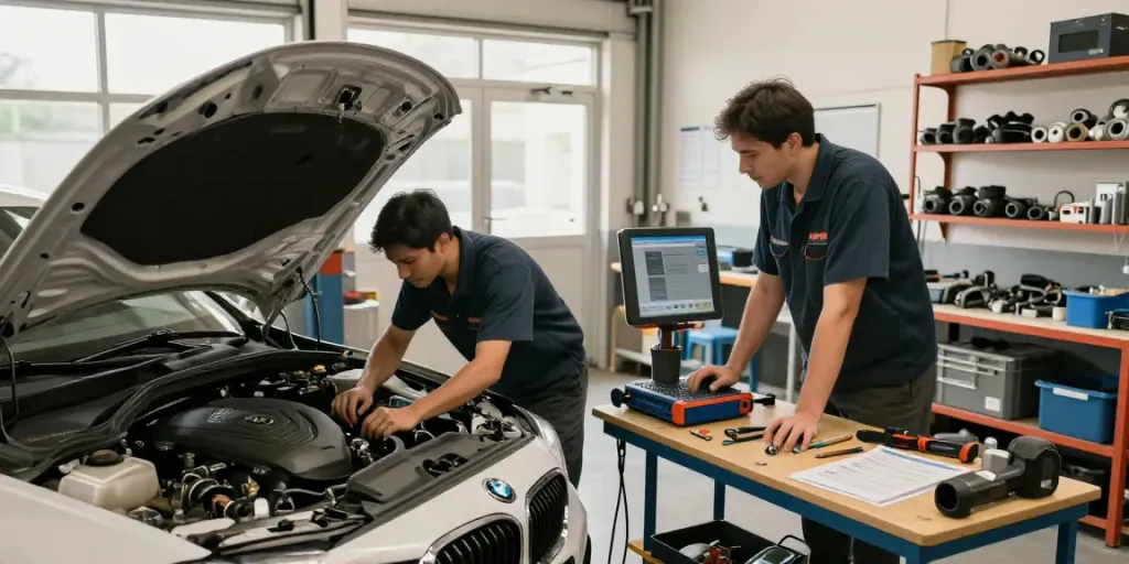 Professionelle BMW Werkstatt in Hannover mit erfahrenen Mechanikern bei der Arbeit.