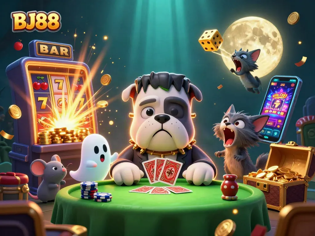 BJ88 casino themed illustration featuring a Frankenstein bulldog, ghost mouse, and werewolf kitten in an energetic scene.