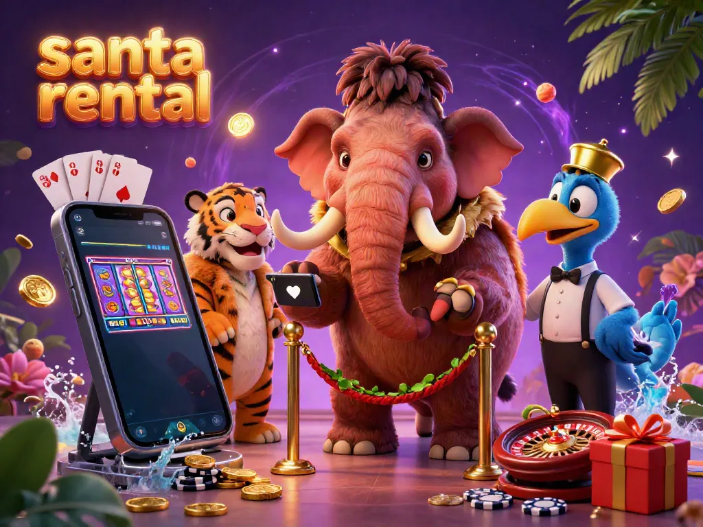Engaging scene with an animated woolly mammoth greeting for a santa rental event, featuring vibrant casino elements.