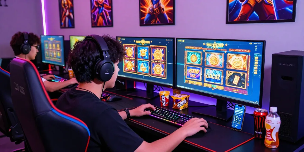 Exciting gaming atmosphere showcasing a player engaging with situs slot gacor on multiple monitors, vibrant decor, and modern gaming setup.