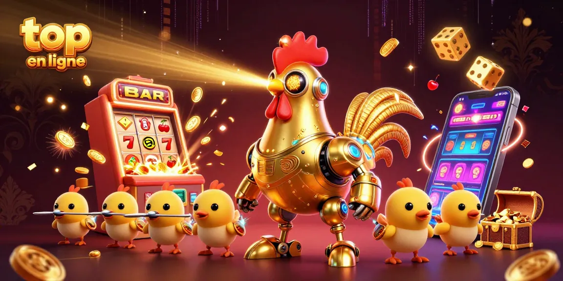 Gagnez avec des jackpots éclatants au top casino en ligne et un robot coq futuriste.