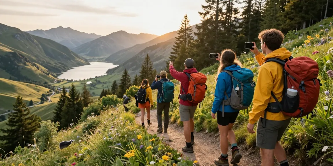 Hikers enjoying the Motchill experience on a scenic mountain trail during golden hour.