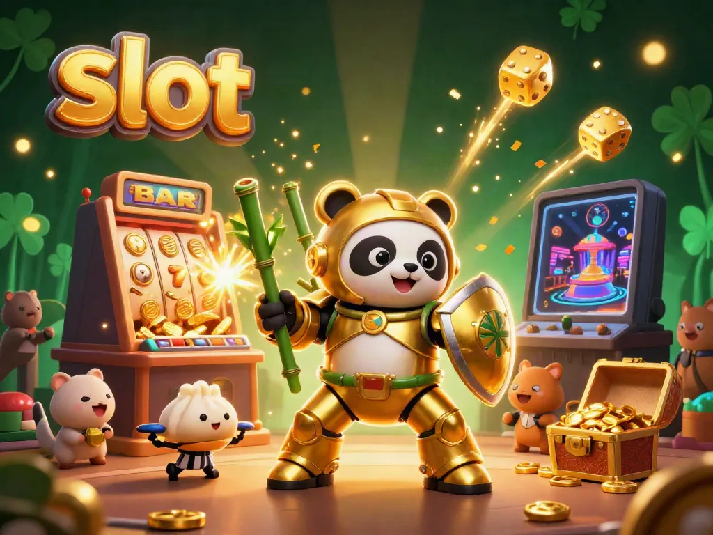 Experience the thrill of slot gaming with a vibrant 3D illustration depicting a golden panda robot amidst jackpot bursts.