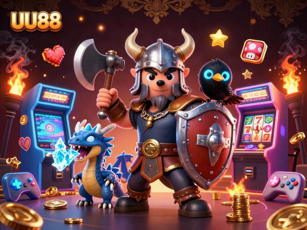 Engage with UU88's thrilling gaming world featuring 3D Viking warriors and dragons amidst casino excitement.