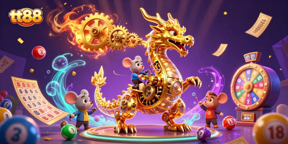 Engage in thrilling gaming at TT88, with a vibrant 3D illustration showcasing dynamic lottery and casino elements.