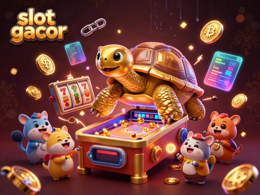 Gambarkan pengalaman bermain slot gacor dengan tortoise emas yang berfungsi sebagai mesin pinball, dikelilingi simbol slot.
