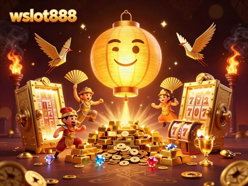 Ilustrasi 3D wslot888 menggambarkan lampion emas raksasa dan pemenang di kasino malam yang menakjubkan.