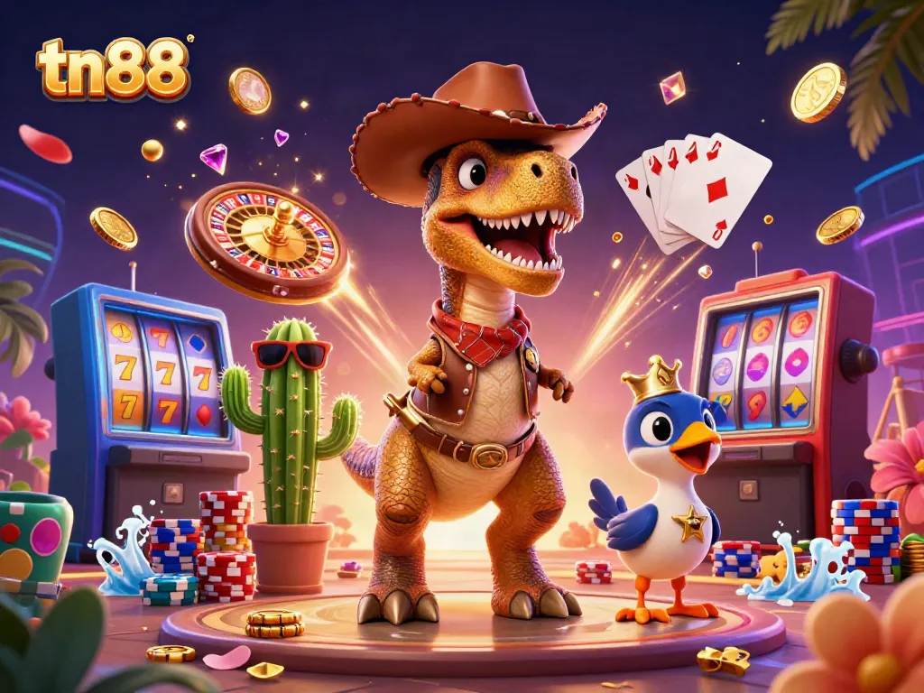 Experience thrilling gaming at tn88 with an animated T-Rex and vibrant gambling elements!