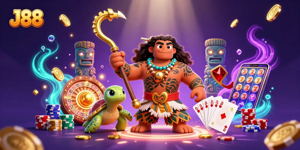 Engage with the thrill of J88 as our hero demigod spins the roulette with vibrant casino elements.