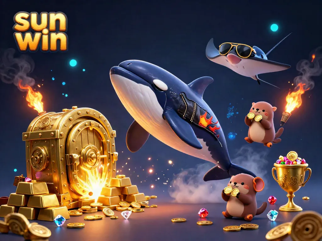 Join the fun with sun win as a vibrant orca, stingray, and otters leap for winnings in a dynamic casino scene.