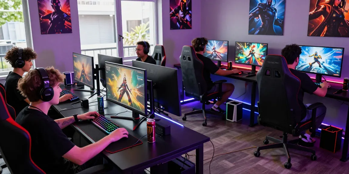 Exciting multiplayer gaming scene with gamers at desks immersed in rokok88 competition, showcasing gaming gear and vibrant atmosphere.