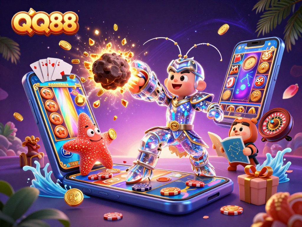 Win big with QQ88's vibrant 3D casino scene featuring exciting games and characters.