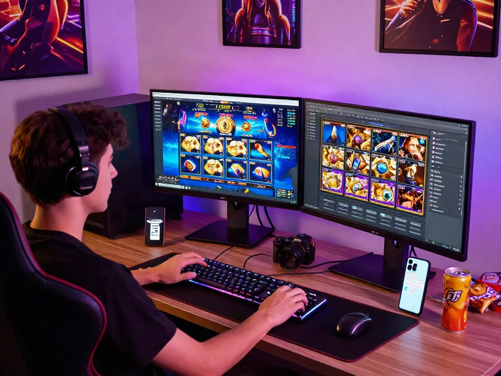 Exciting online gaming setup featuring a player enjoying slot resmi games with vibrant visuals and dual monitors.