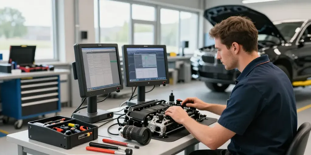 BMW werkstatt hannover showcasing a skilled technician inspecting a BMW engine in a professional workshop.