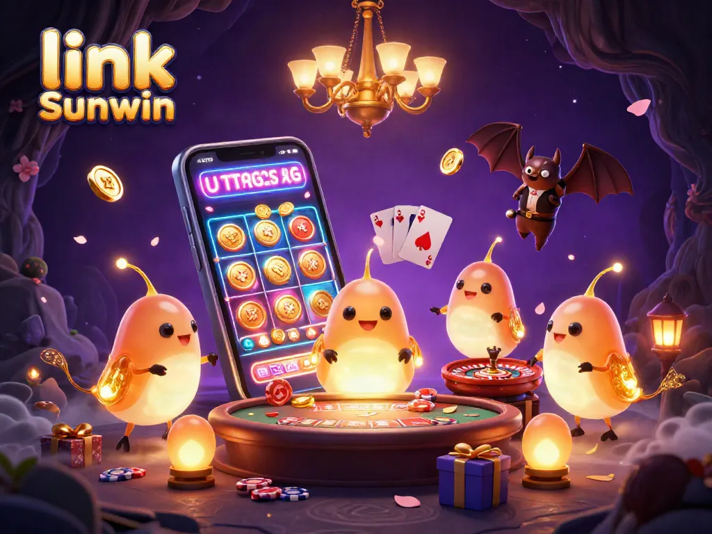 Experience the excitement of link Sunwin with a vibrant 3D depiction of an illuminated cave casino featuring animated characters.