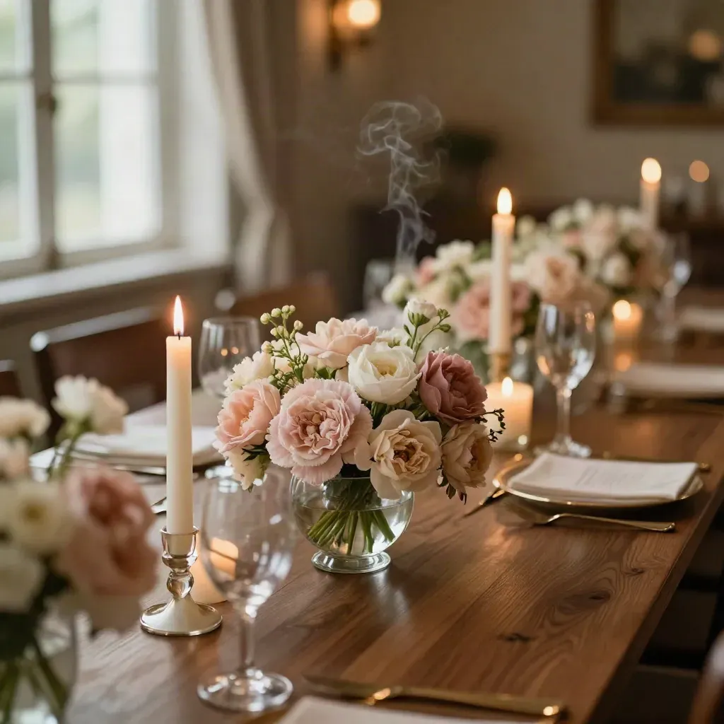 Blush reception centerpieces with taper candles and glassware glowing on a long wedding table.