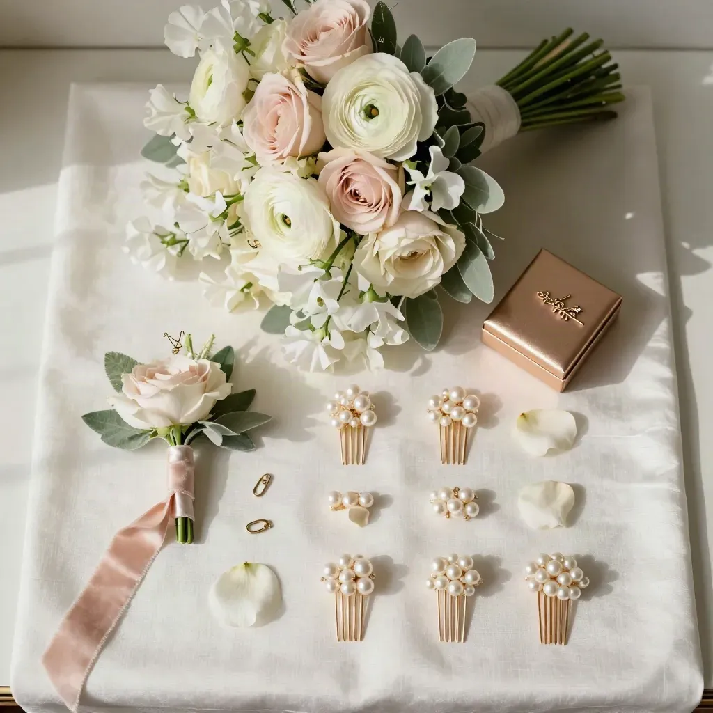 Bridal bouquet, boutonniere box, and pearl hair combs on ivory satin in soft morning light.