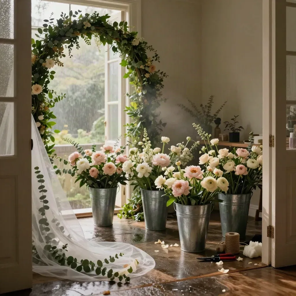Moody floral studio with blush blooms, ceremony arch, and rain-lit stone floor.