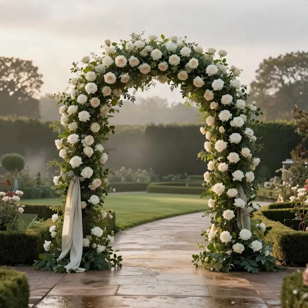 Rain-kissed ceremony arch of roses and greenery in a garden, ready for vows beside a misty lawn.