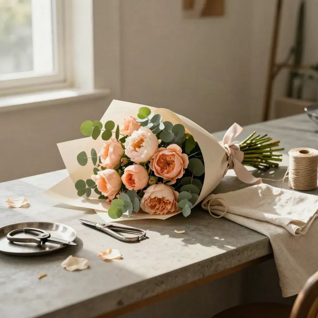Peach rose and peony bouquet beside snips and ribbon on a stone florist counter.