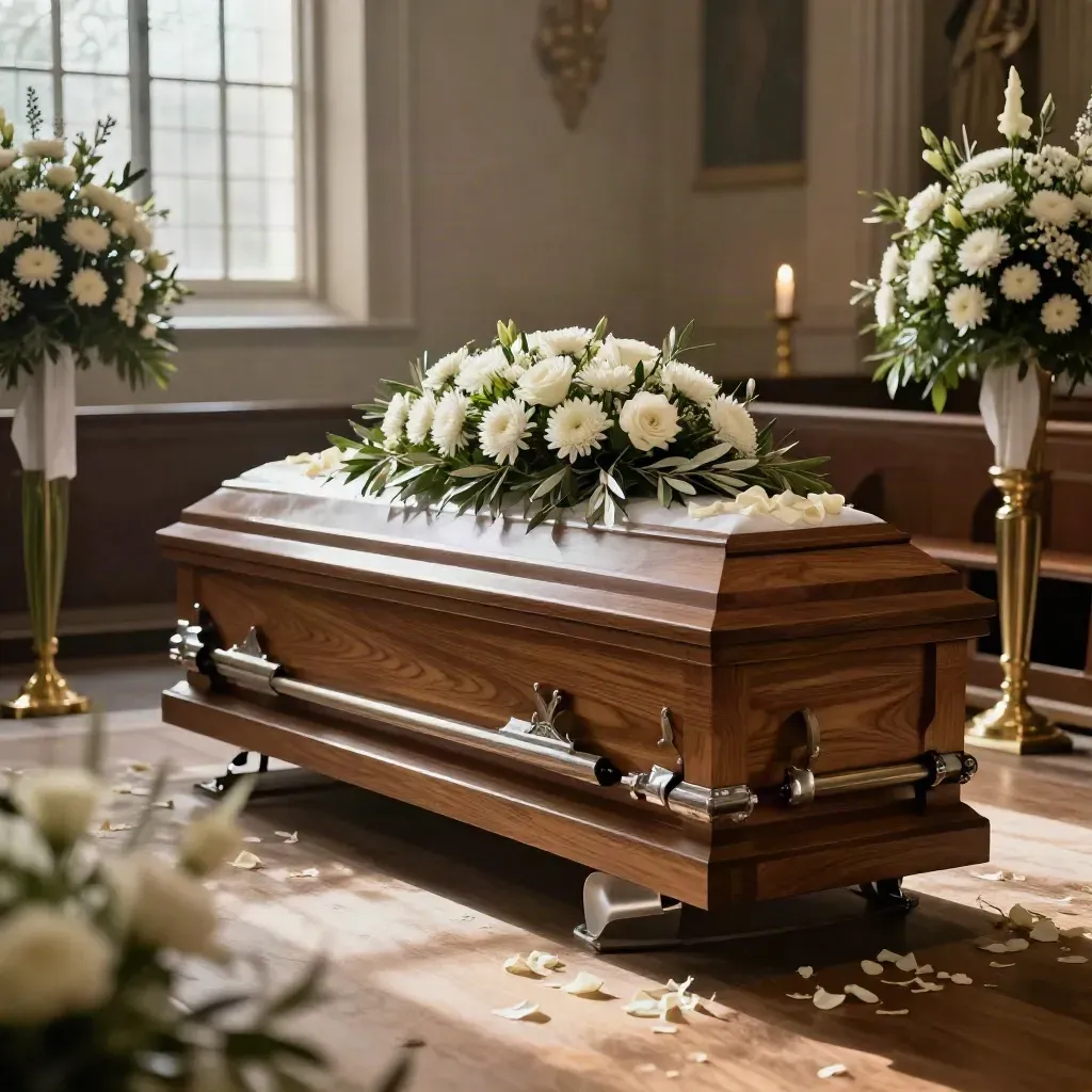 Sympathy sprays and standing tribute flowers beside a polished oak casket in a chapel.