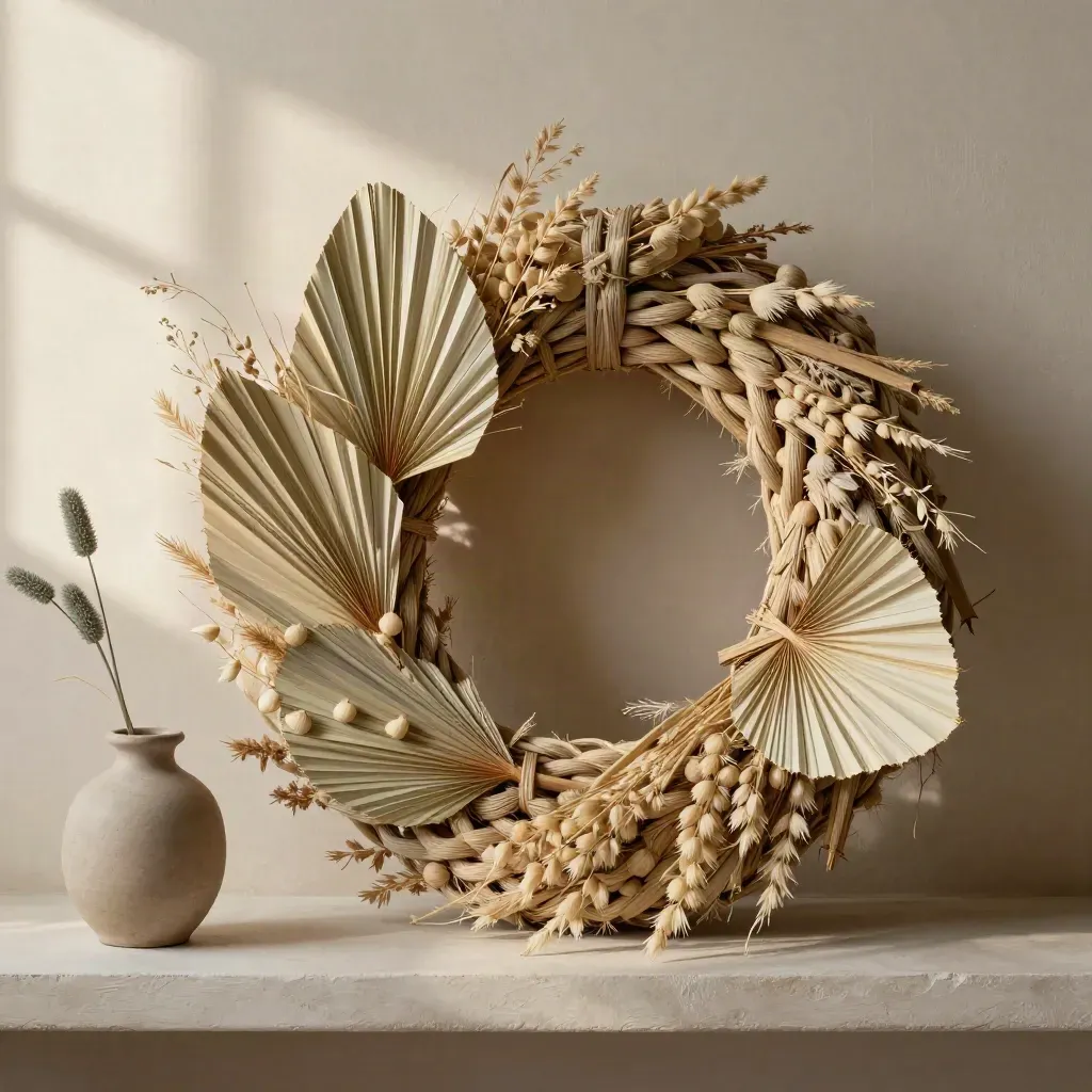 Dried wreath with grasses and lunaria on a pale shelf, softly lit in a warm home interior.